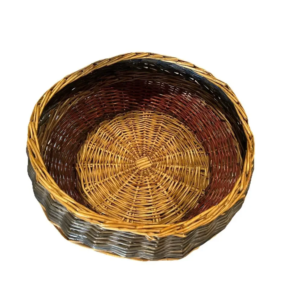 Vintage Woven Wicker Basket 3 Tone Blue, Brown Mahogany, Tan Wood 13.5